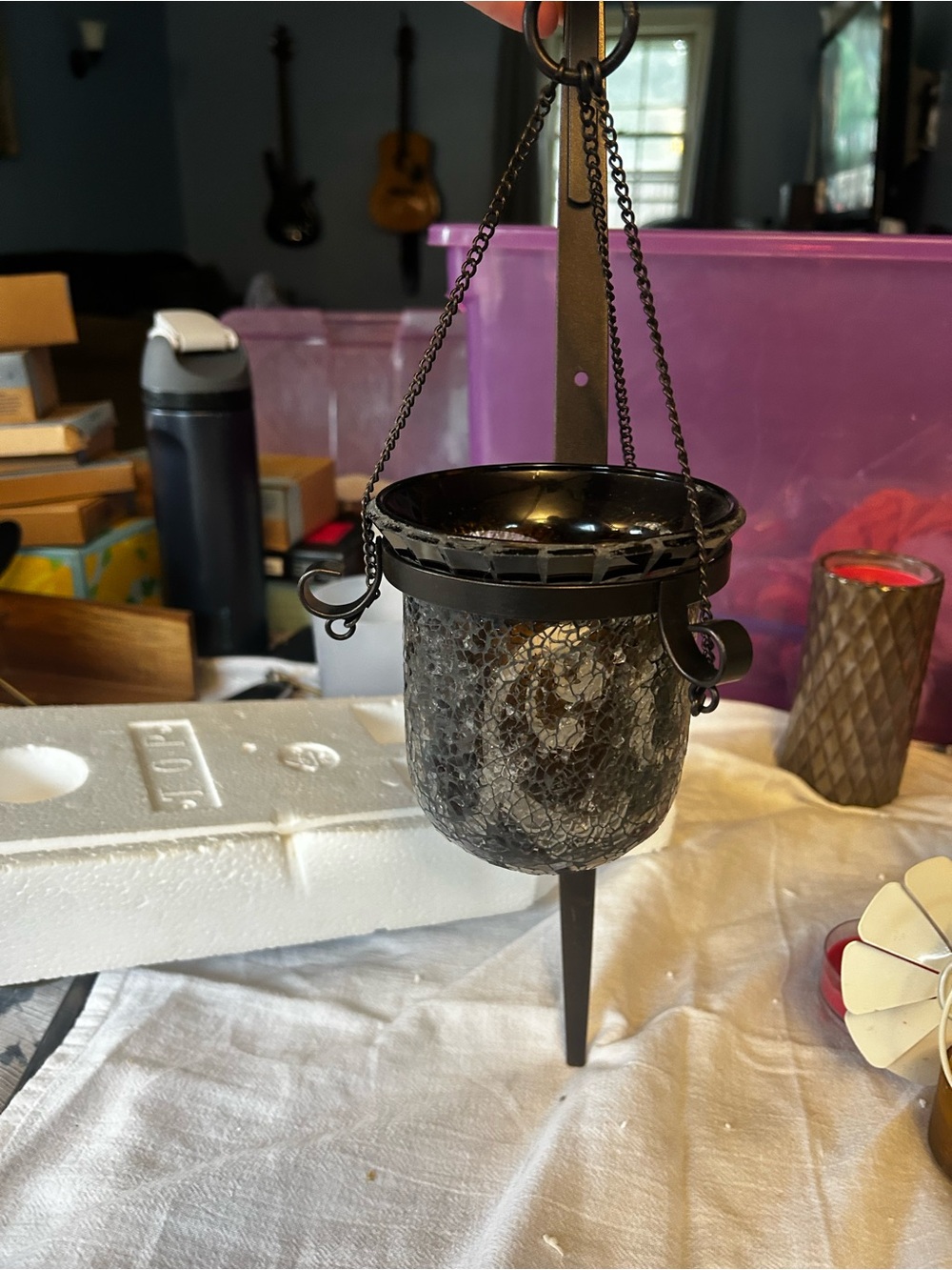 Hanging Black Mosaic Glass Tealight Holder -
